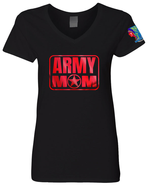 Foil "Army Mom" Design on a Black V-Neck Ladies Cut Shirt. Multiple Foil Colors. ***Free Shipping for Liaison Pick-up orders only***