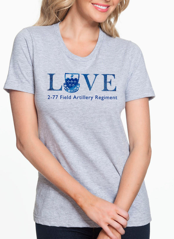 Multiple Color Ladies Cut Crew LOVE Shirt, with Blue Glitter/Metallic Blue Vinyl Text.