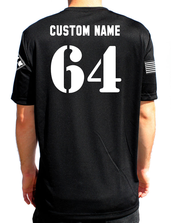 64 Custom Name Black Performance Unisex Shirt. This shirt IS Approved for PT **Free Shipping for Liaison Pick-up orders only**