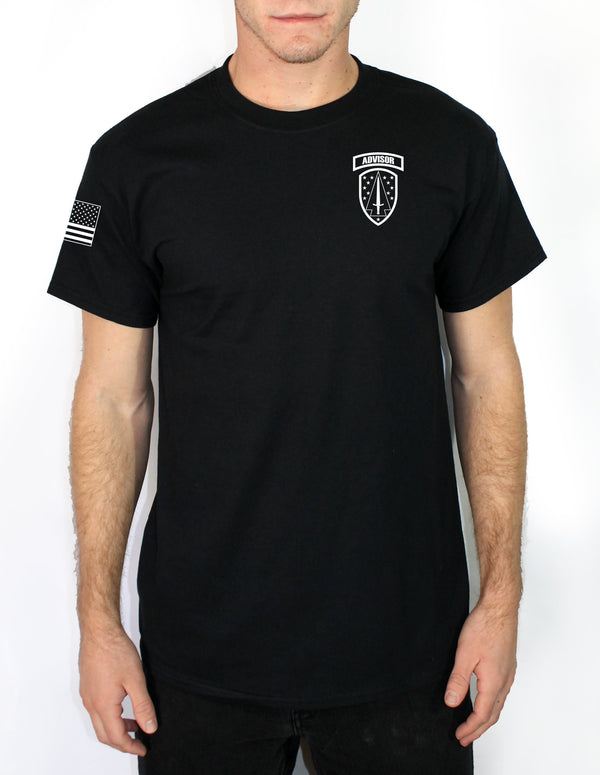 SFAB Advisor Crest Black 50-50 Unisex Shirt. Multiple Backs Available. Approved for PT. **Must pick up in person for Free Shipping**